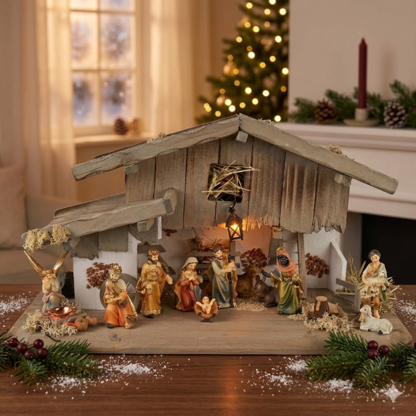 Stimmungsvolle Weihnachtskrippe Eismannsberg inkl. 12-tlg. Figurensatz K 181, Maße Krippe: ca. 37 x 14 x 19 cm